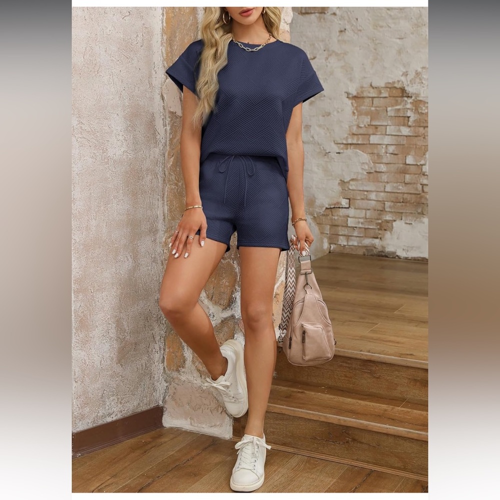 Ladies Navy Blue Shirt & Short Set, Medium